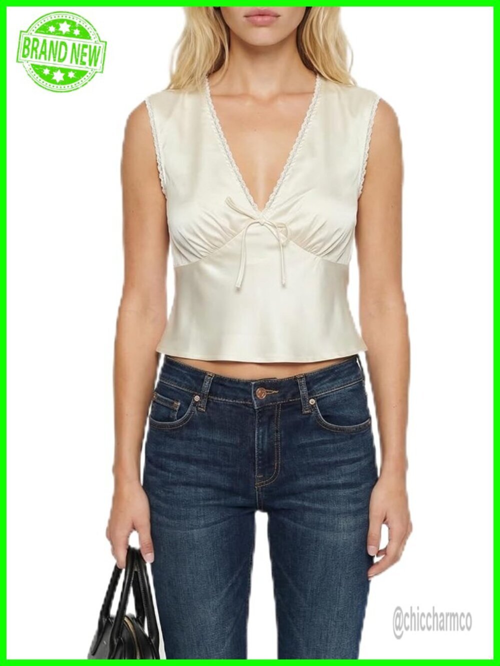 Sleeveless V-Neck Tie Front Camisole Top with Lace Trim